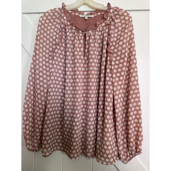 Rose & Olive Mauve/Cream Boho Ruffled Polka Dots Peasant Lined‎ Long Sleeve Sz M - Picture 2 of 7